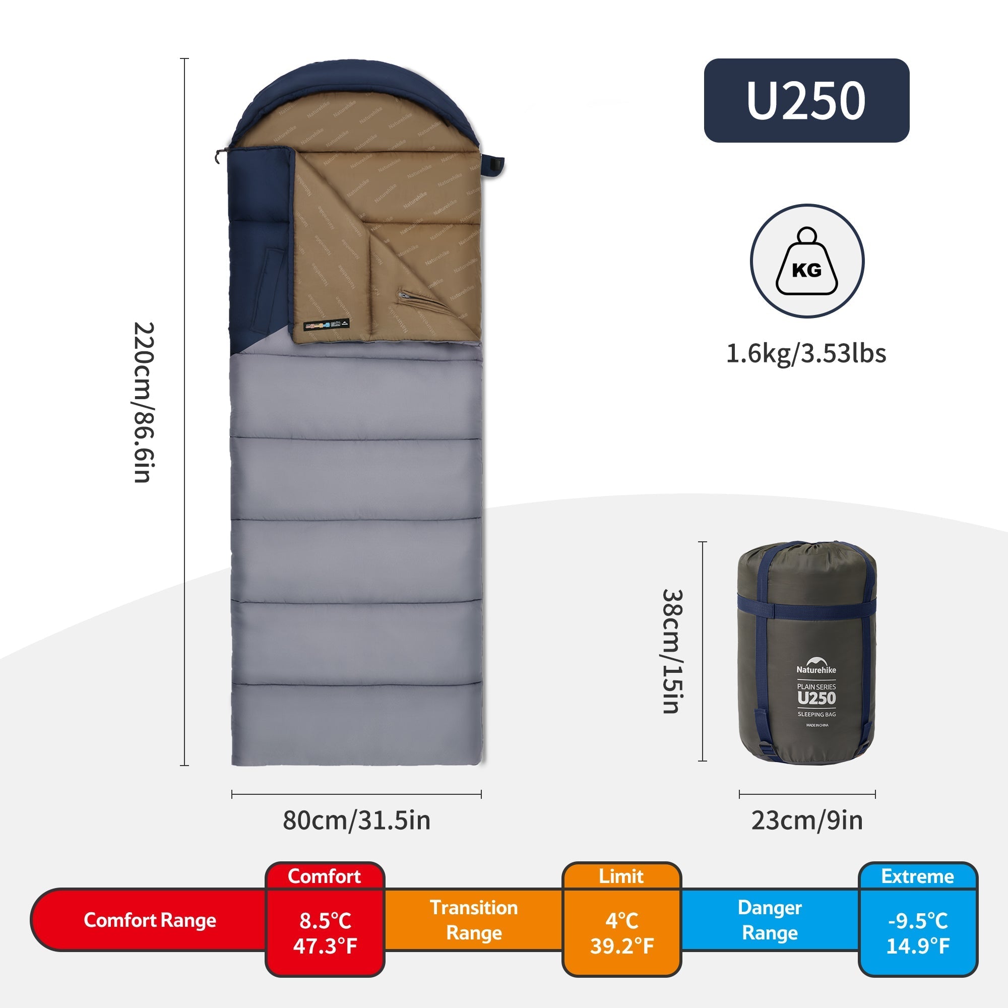 Solora™ U250 Hooded Synthetic Sleeping Bag 47°F / 8°C
