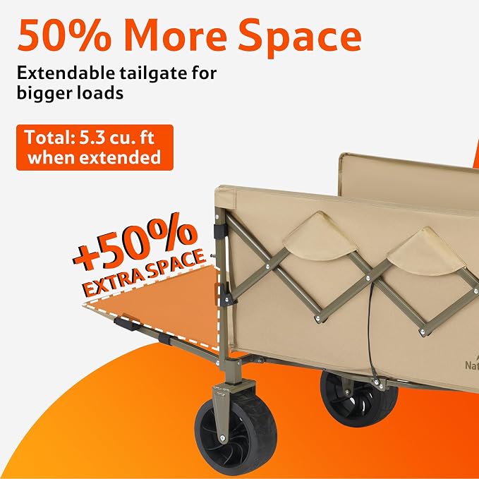 Naturehike Big Wheels Collapsible Wagon Cart, Extra Long Extender Wagon Cart, Brown