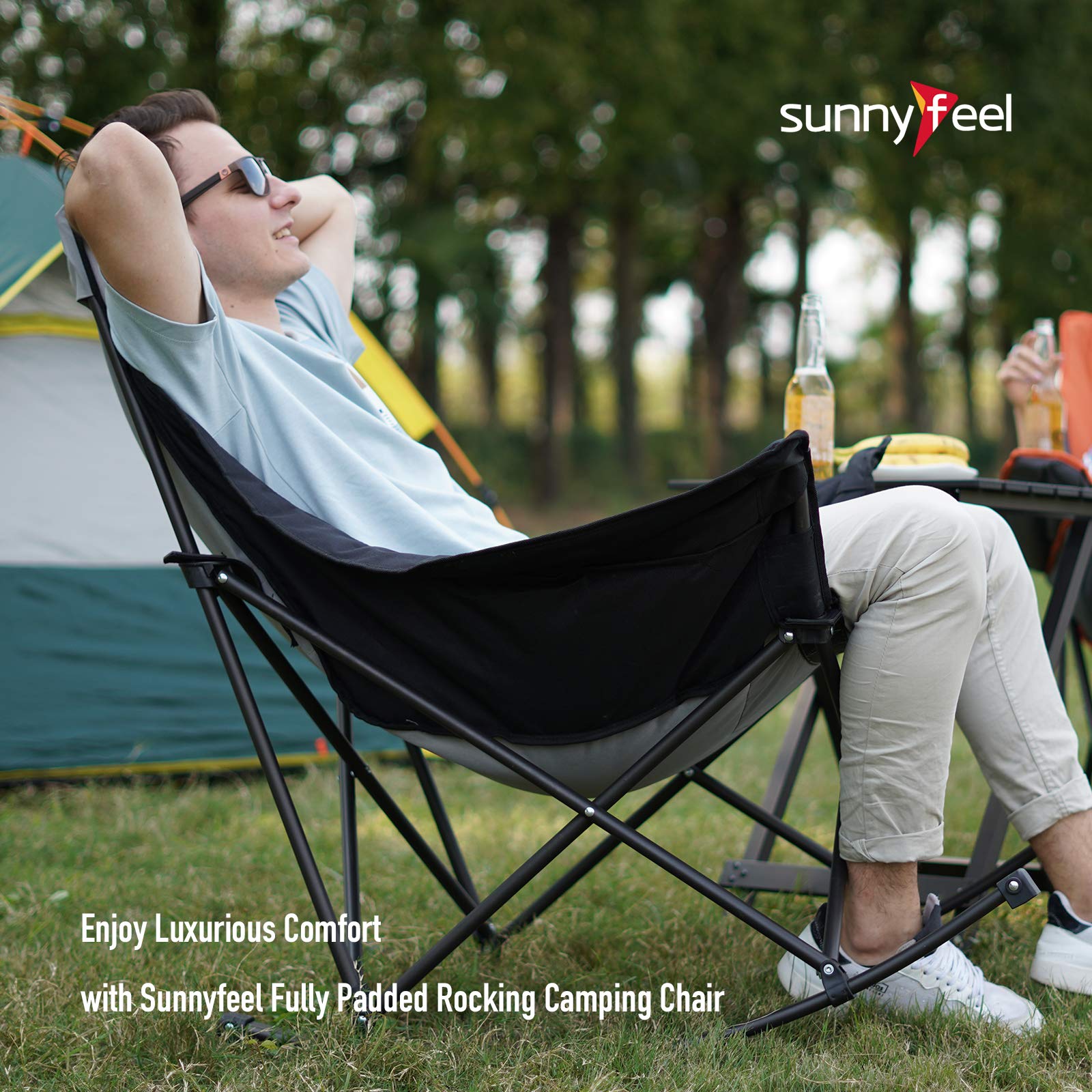 SUNNYFEEL Oversized Rocking Camping Chair, Fully Padded Patio Chair with Side Pocket, High Back Portable Lawn Recliner with Headrest, Outdoor Camp Rocker Chairs for Adults Heavy Duty 500 LBS Carry Bag